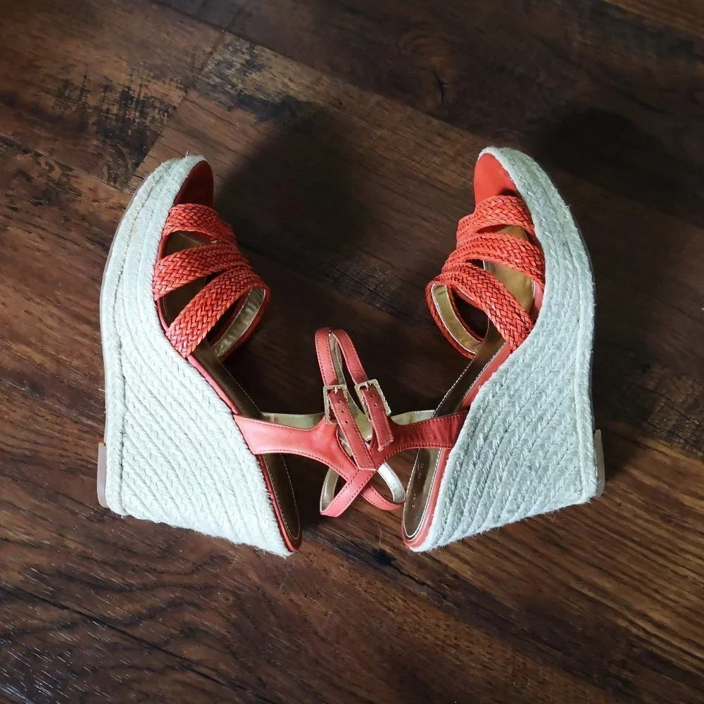 Ivanka Trump Haspia Espadrilles Leather Wedge Sandals Orange Size 9.5M